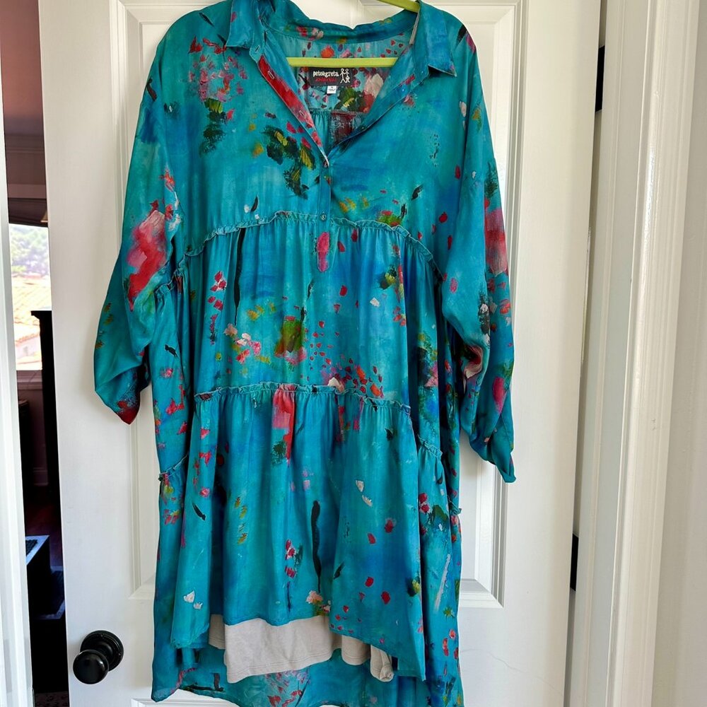 Johnny Was floral print silk tiered dress w/roll sleeve tabs, & pockets w/slip